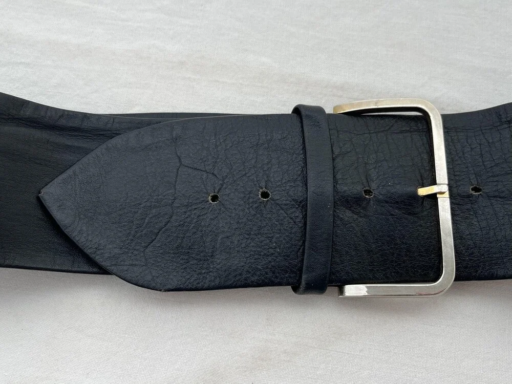 Handmade Wide Genuine Leather Belt Womens Med Black Waist Cinch Statement Buckle
